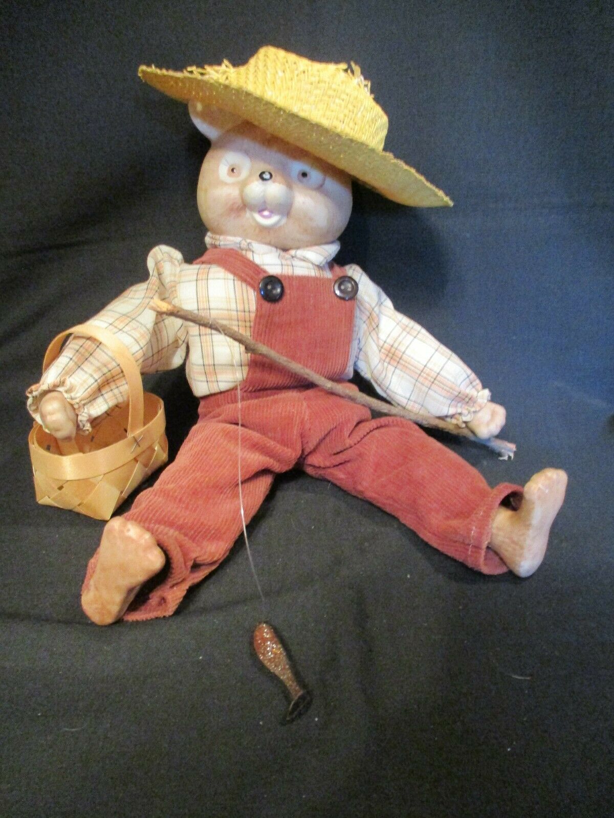 Fishing Teddy Bear Doll Figure: Fishing Pole,basket,top,pants,hat-11" Porcelain