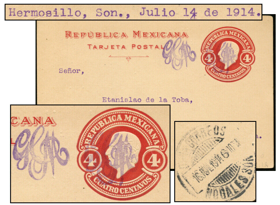 Mexico Large Gcm (2) 4¢ Psc Jul 1914 Hermosillo Pc121-1a
