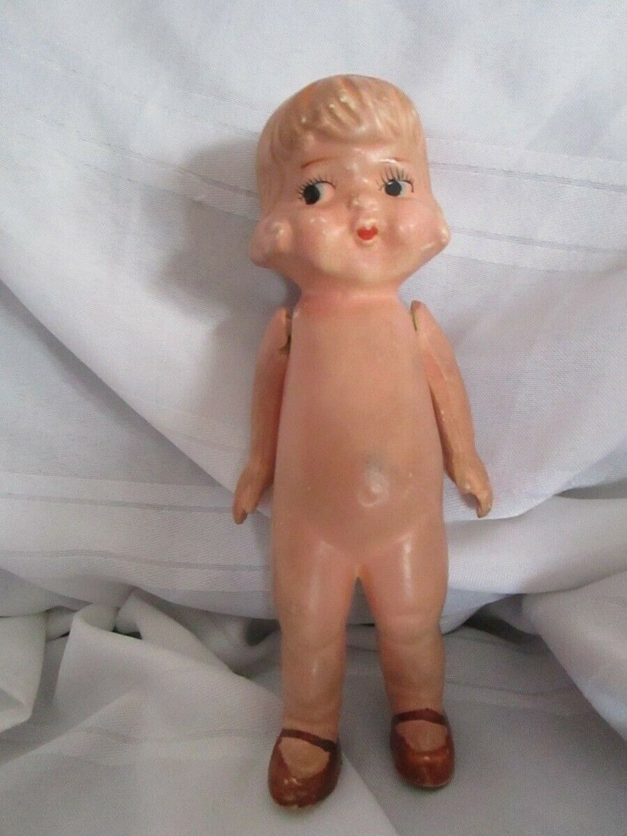 7" Tall All Bisque Betty Doll With Her Brown Shoes Strung Arms Japan Frozen Legs