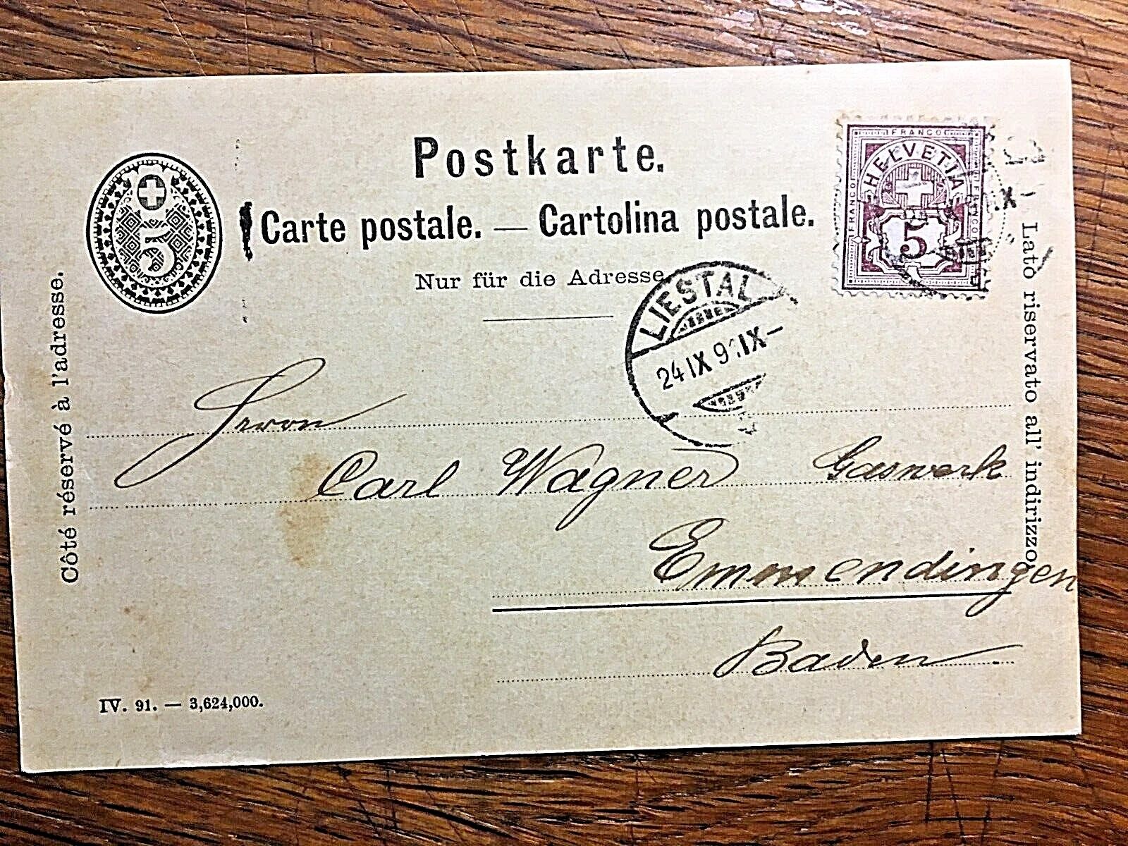 Schweiz, Postkarte Liestal - Emmendingen, 1891