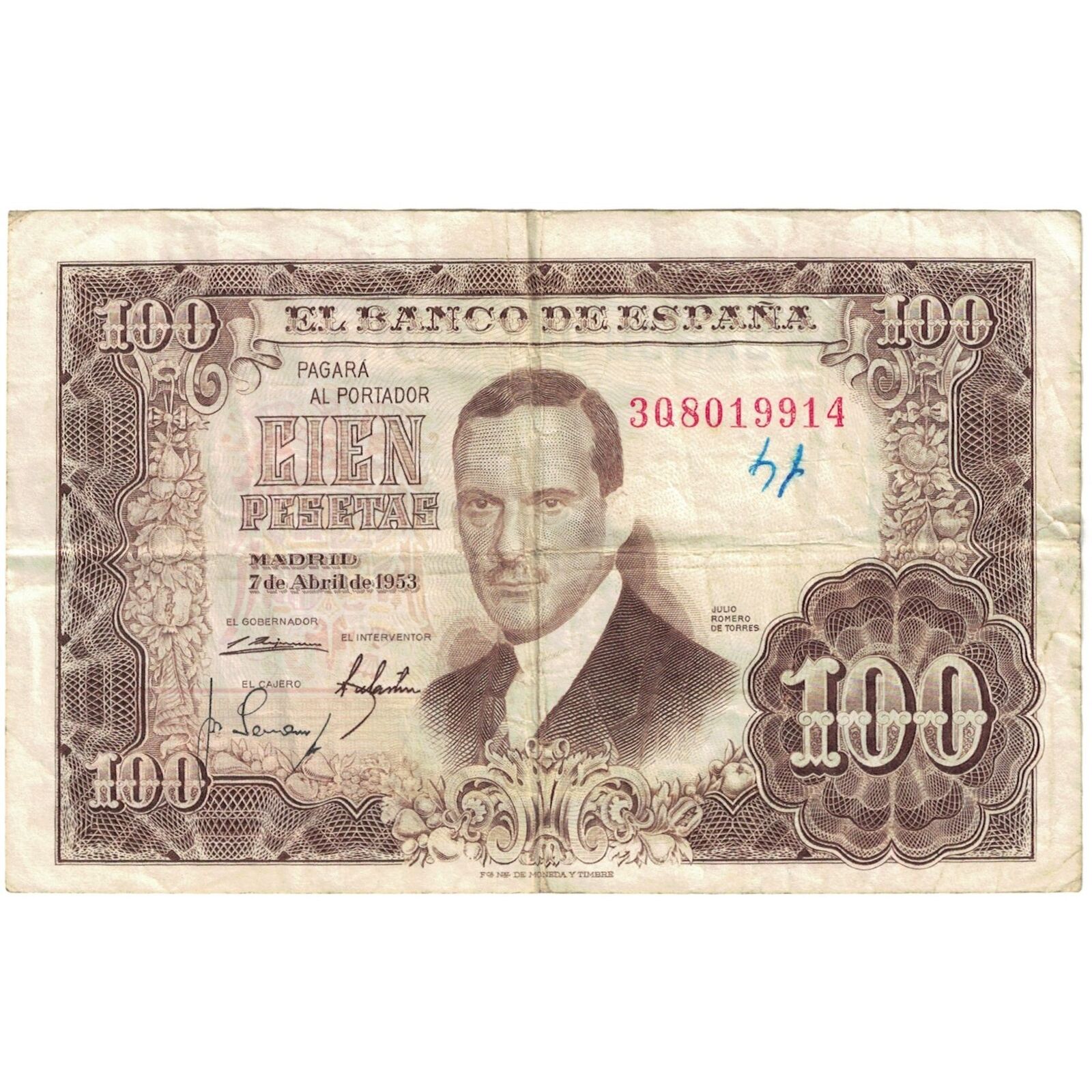 [#191743] Banknote, Spain, 100 Pesetas, 1953-04-07, Km:145a, Vg