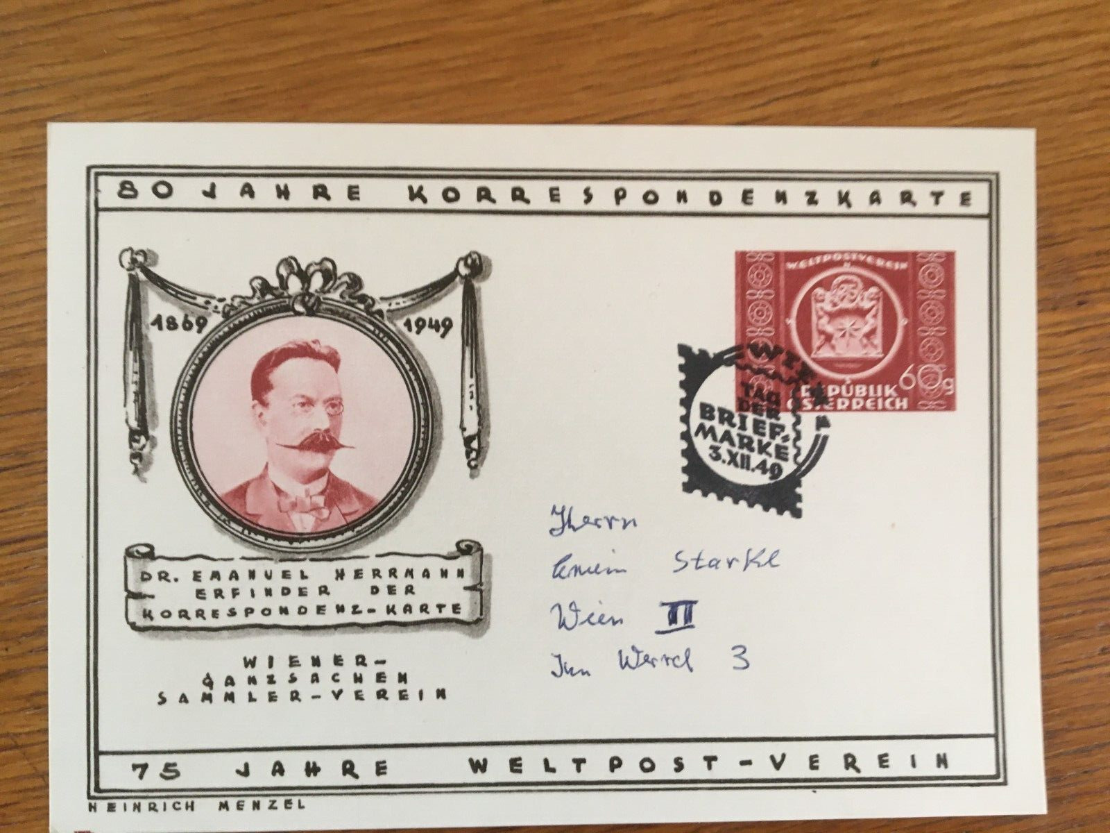 Österr., " 50 Jahre Korrespondenzkarte ", Ganzsache - Tag Der Briefmarke 1949