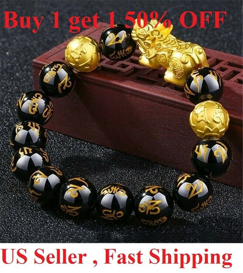 Feng Shui Black Obsidian Beads Bracelet Attract Wealth & Good Luck Bangle Pixiu