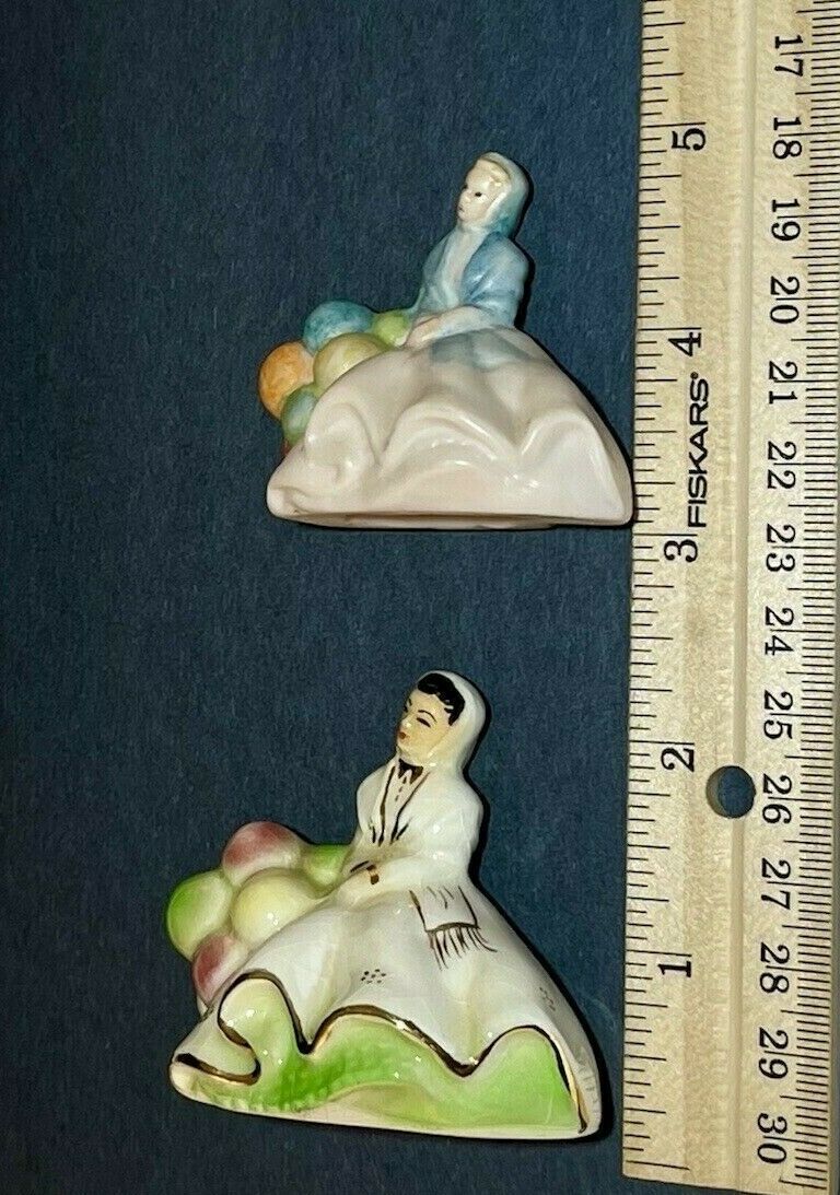 2~vintage Miniature Porcelain/bisque Ladies Holding Balloons Unknown Maker