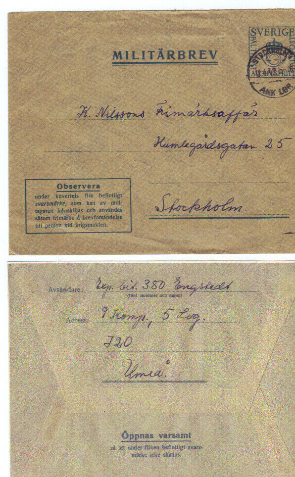 Schweden, 1942, "militärbrev"-kuvert Mit Eingedr. Frankatur