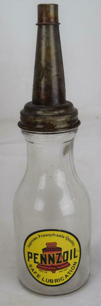 Vintage Style Quart Glass Oil Bottle W/master Metal Spout Pennzoil Mint
