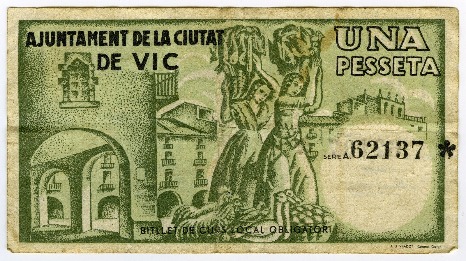 ☆ Spain Civil War 1937 • Vic • 1 Peseta Municipal ☆ Guerra Civil EspaÑola ☆c8y12