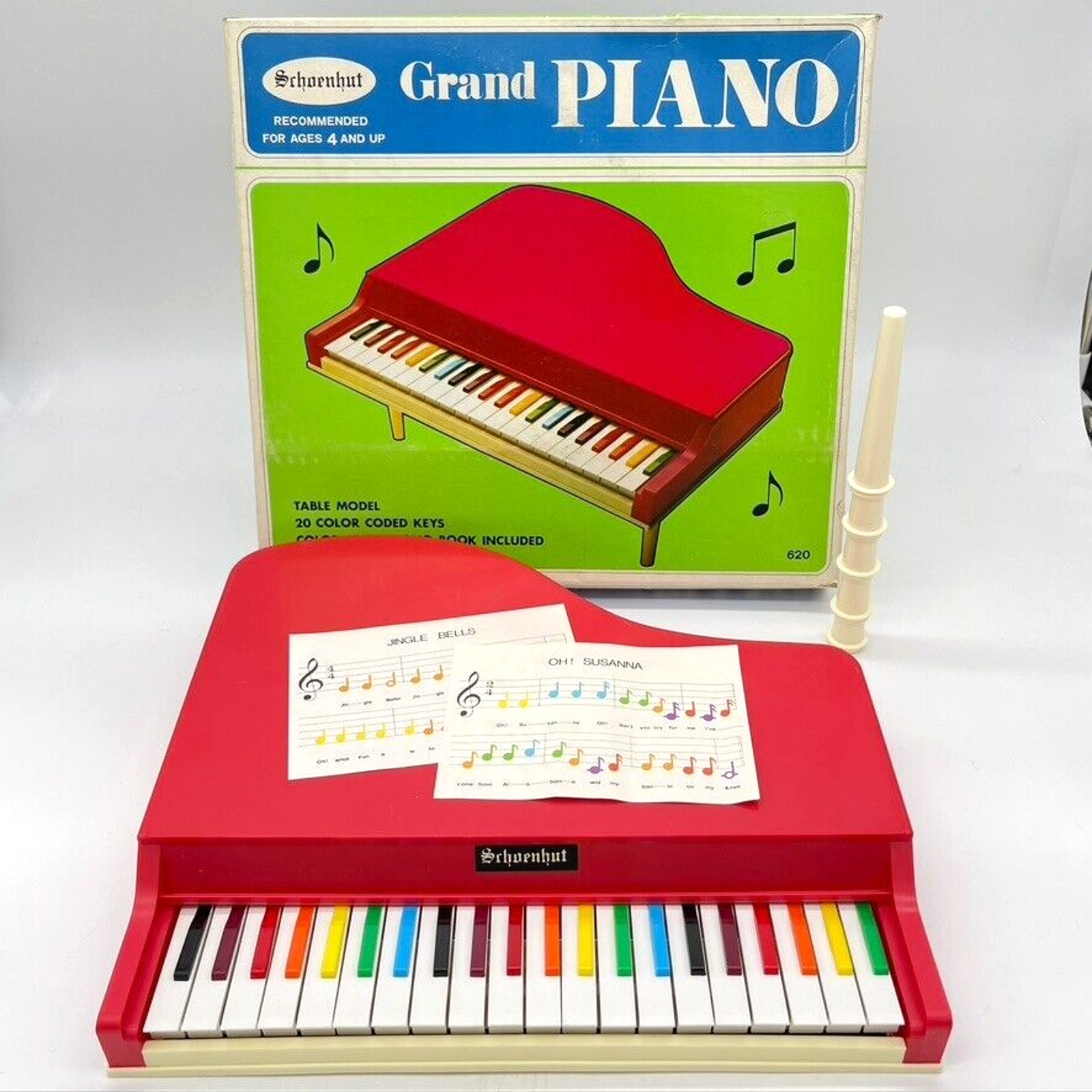 Mid Century Vintage Schoenhut Grand Piano Table Model Red Rainbow Plastic Toy