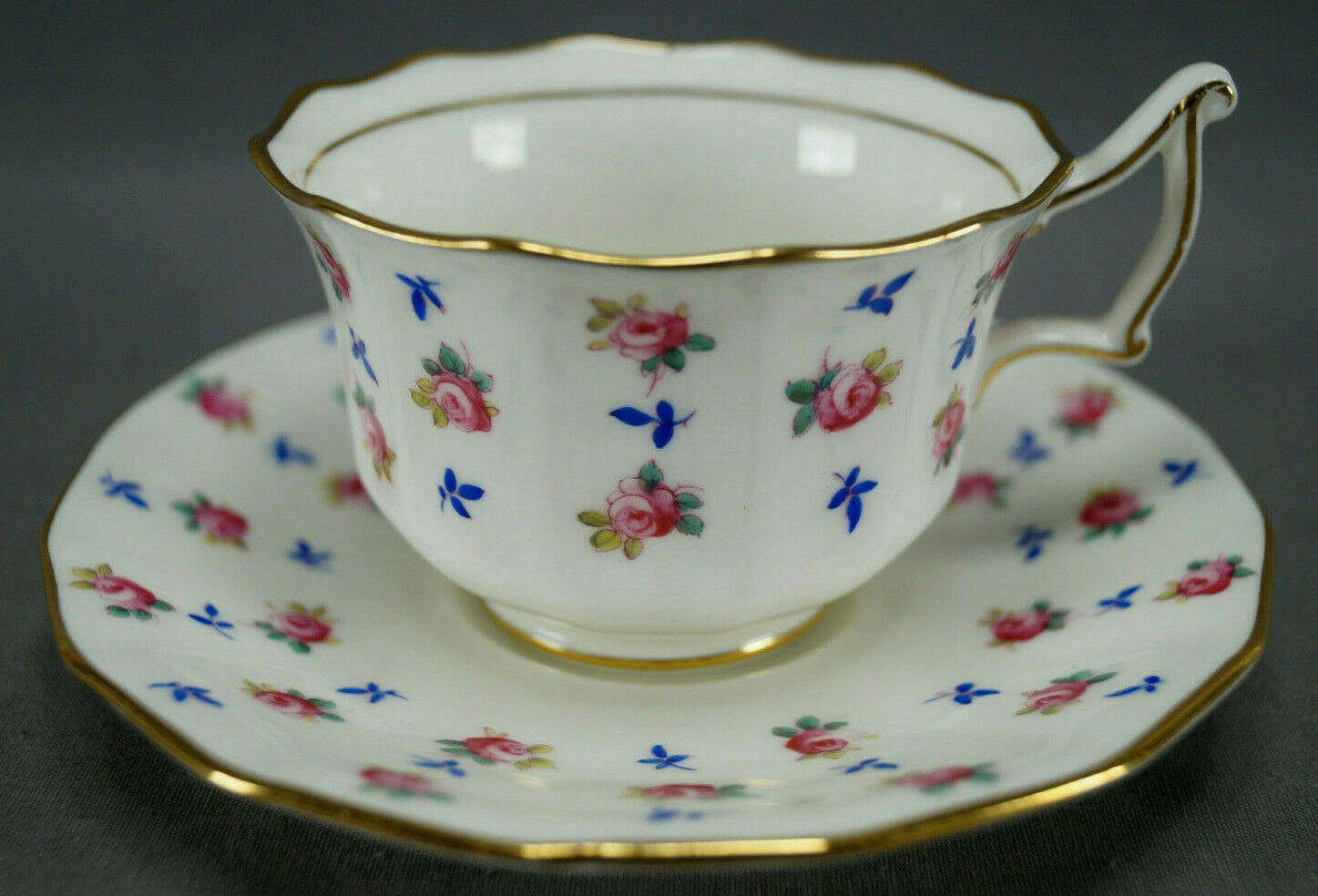 Cauldon Hand Colored Pink Roses Blue Leaves & Gold Tea Cup & Saucer C.1890-1904