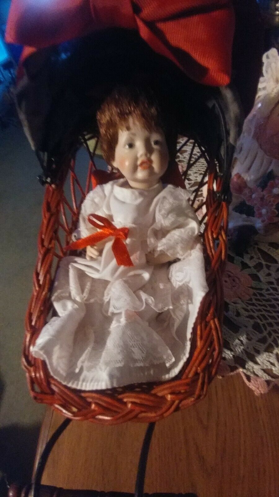 Vintage Bisque Baby Doll Unmarked 8" &carriage