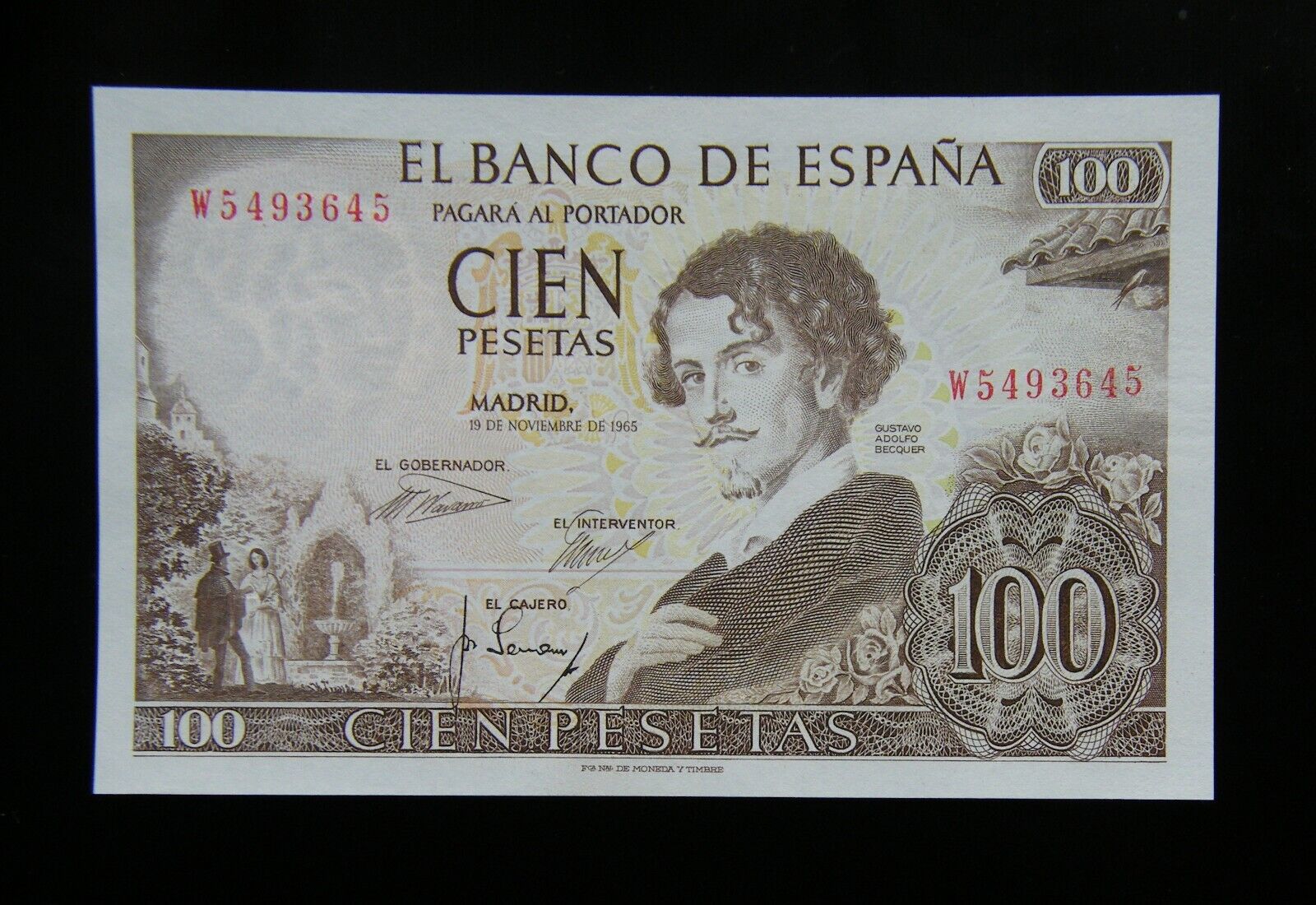 110 - Spain  Banknote 100 Pesetas 1965  Becquer"  (unc)