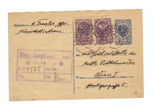 Österreich, 1921, Postkarte Mit Eingedr. Frankatur 50heller, Zusatzfrankatur