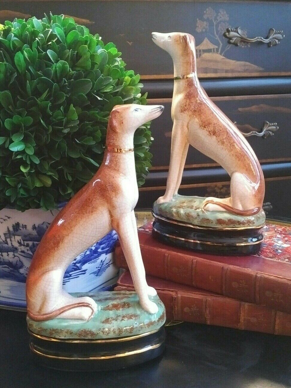 Timeless Rare Pair Porcelain Whippet Mantle Hunt Hound Dogs Staffordshire Style
