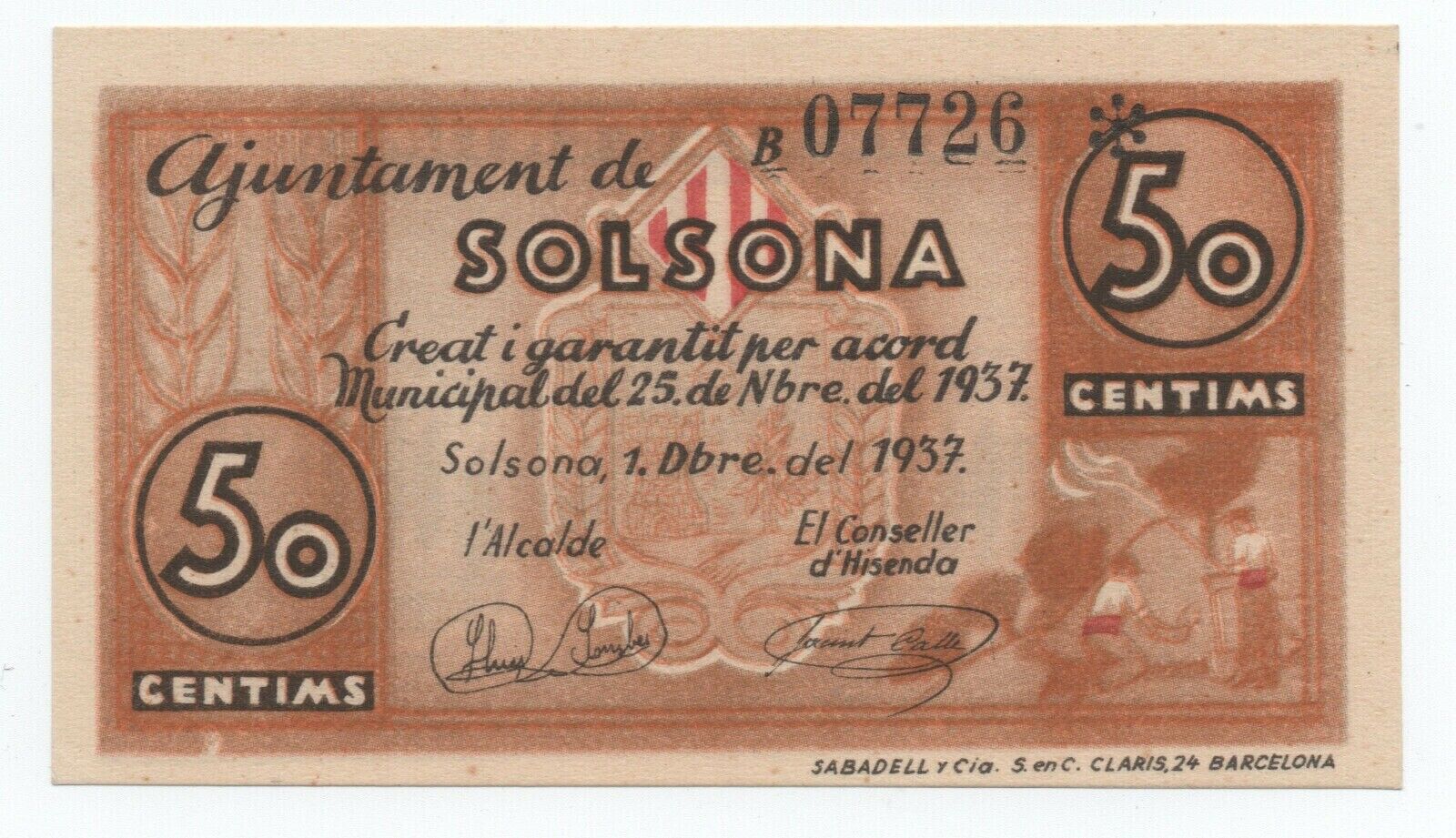 Spain España Civil War Solsona 50 Ctms 1937 T 2392 Unc Original
