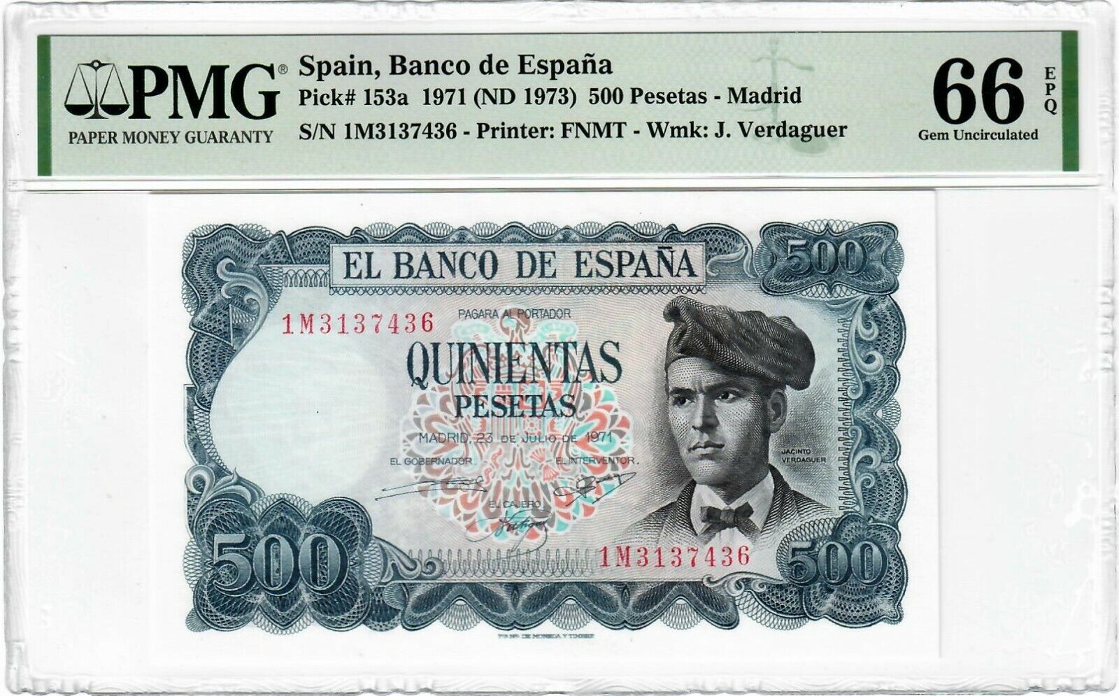 Spain 500 Pesetas 1971 (nd1973)  Pick 153a  - Pmg 66 Epq - Gem Uncirculated