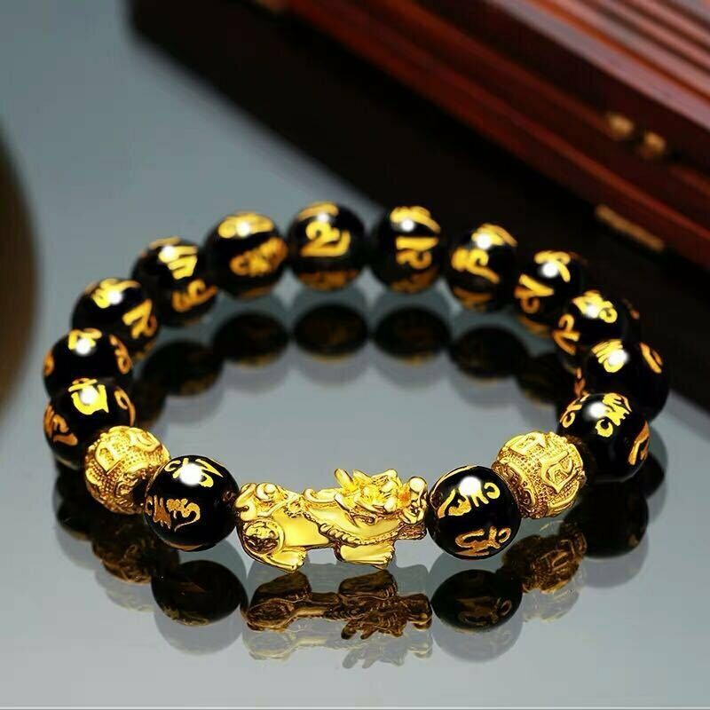 Feng Shui Black Obsidian Alloy Wealth Bracelet W/golden Pixiu Lucky Jewelry Gift