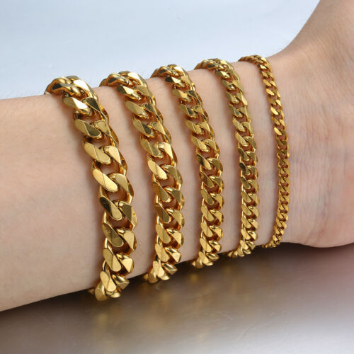 Men's Gold Stainless Steel Curb Cuban Chain Link Bracelet Bangle 3/5/7/9/11 Mm