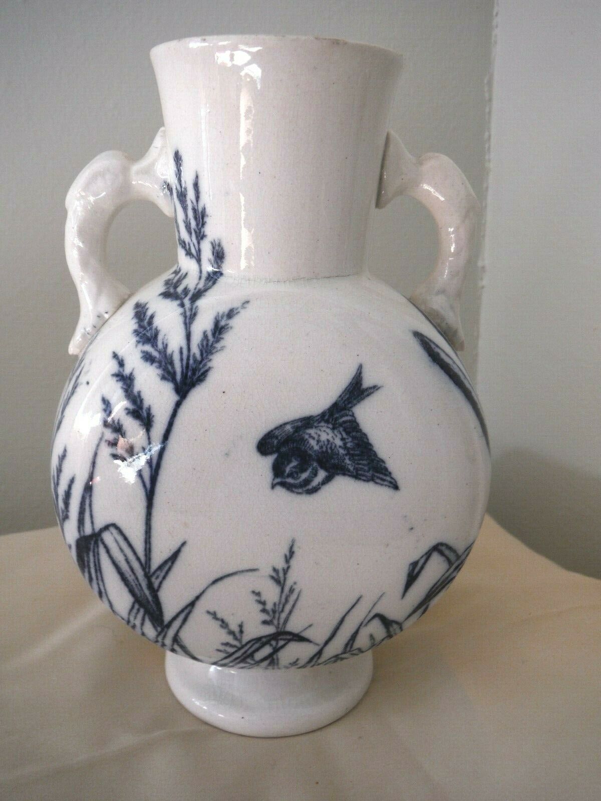 Rare Antique F.j. Emery Flow Blue Ironstone Hen-land Vase Birds/flowers 6" - Vgc