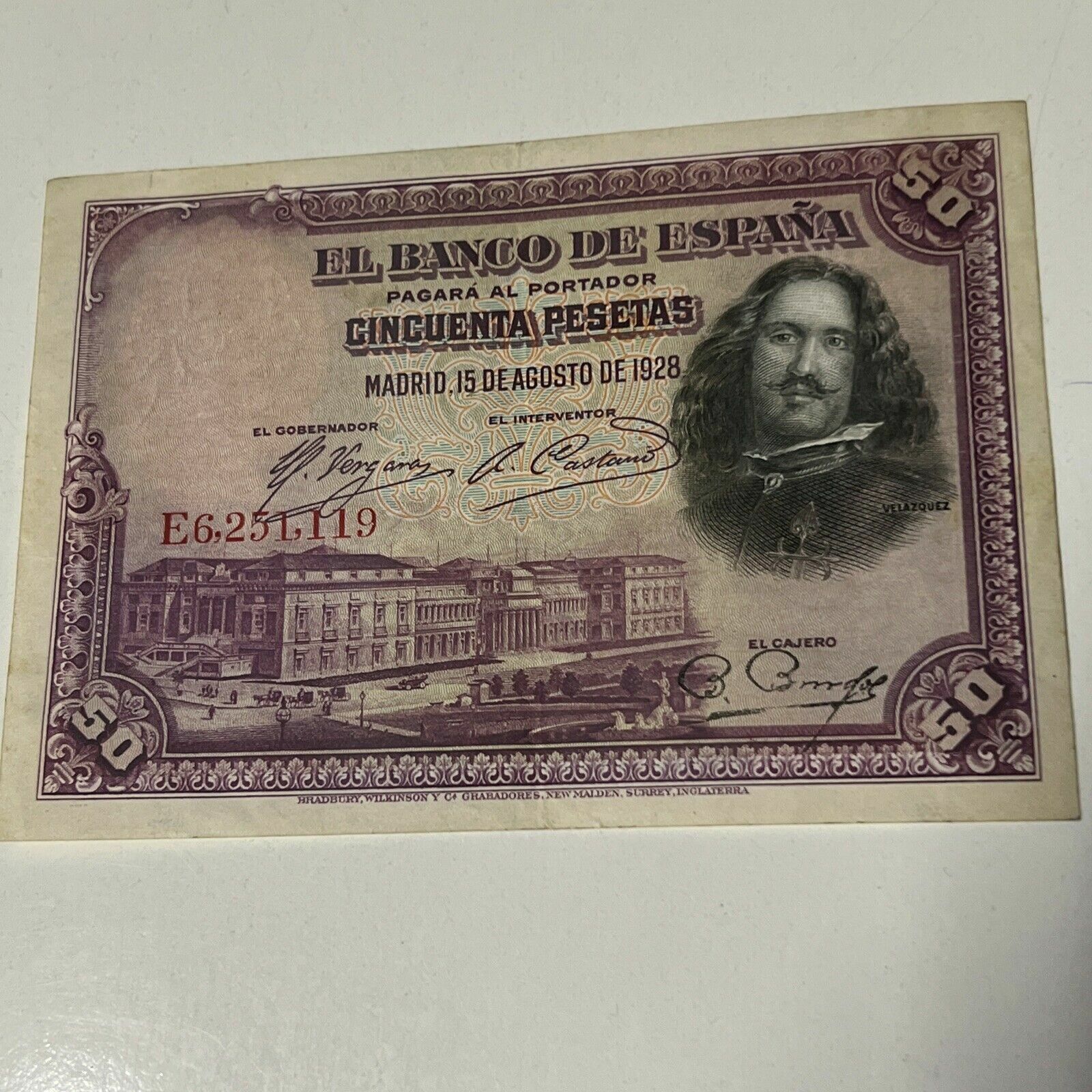 Hb15. 1928 Bank Of Spain 50. Fifty Pesetas Banknote. Velazquez. Used