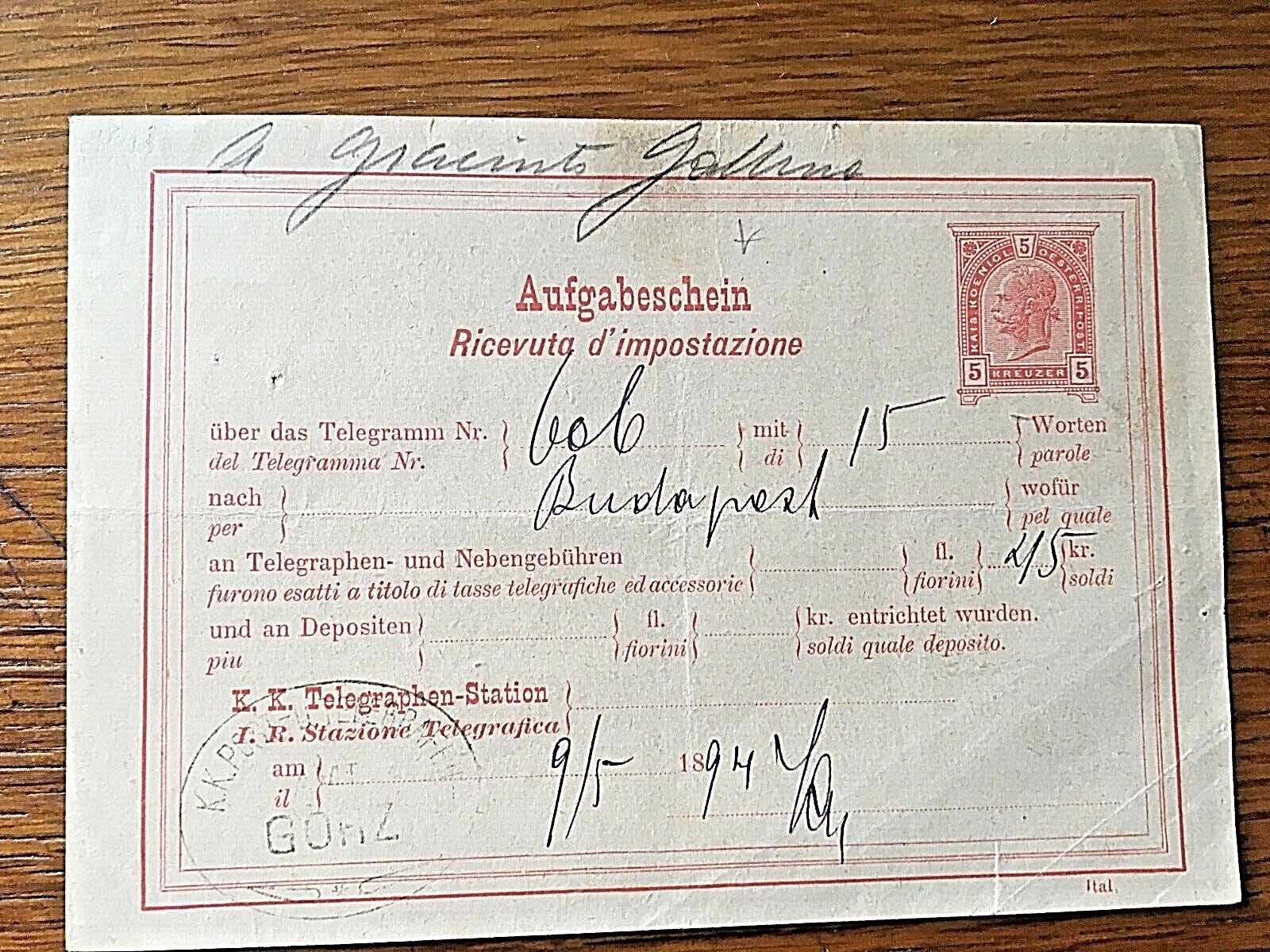 Österreich, K.u.k. Telegramm Aufgabeschein, Italienisch, - Budapest