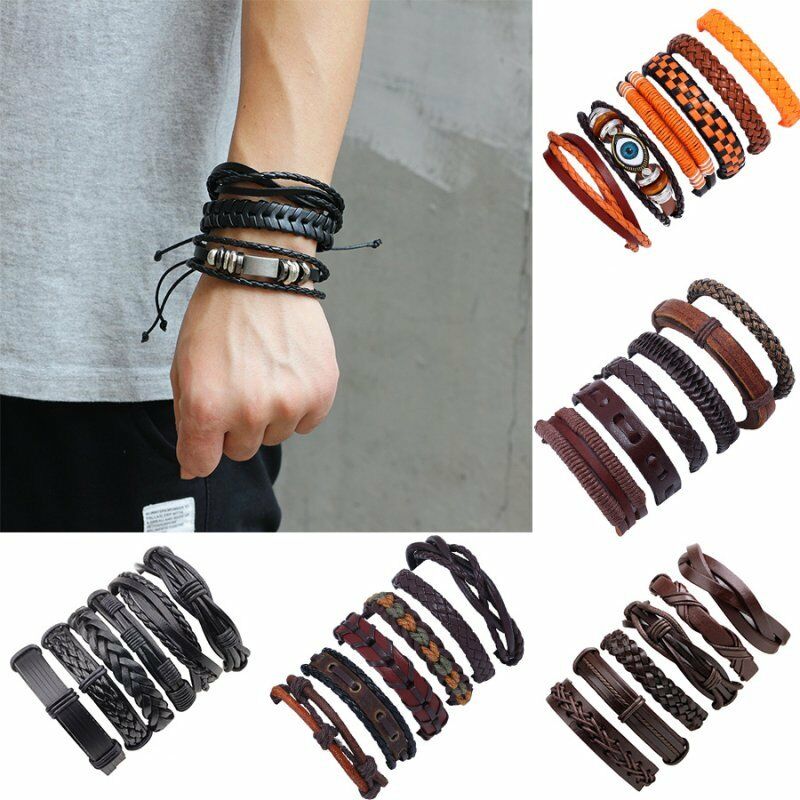 6pcs Fashion Mens Punk Leather Wrap Braided Wristband Cuff Punk Bracelet Bangle