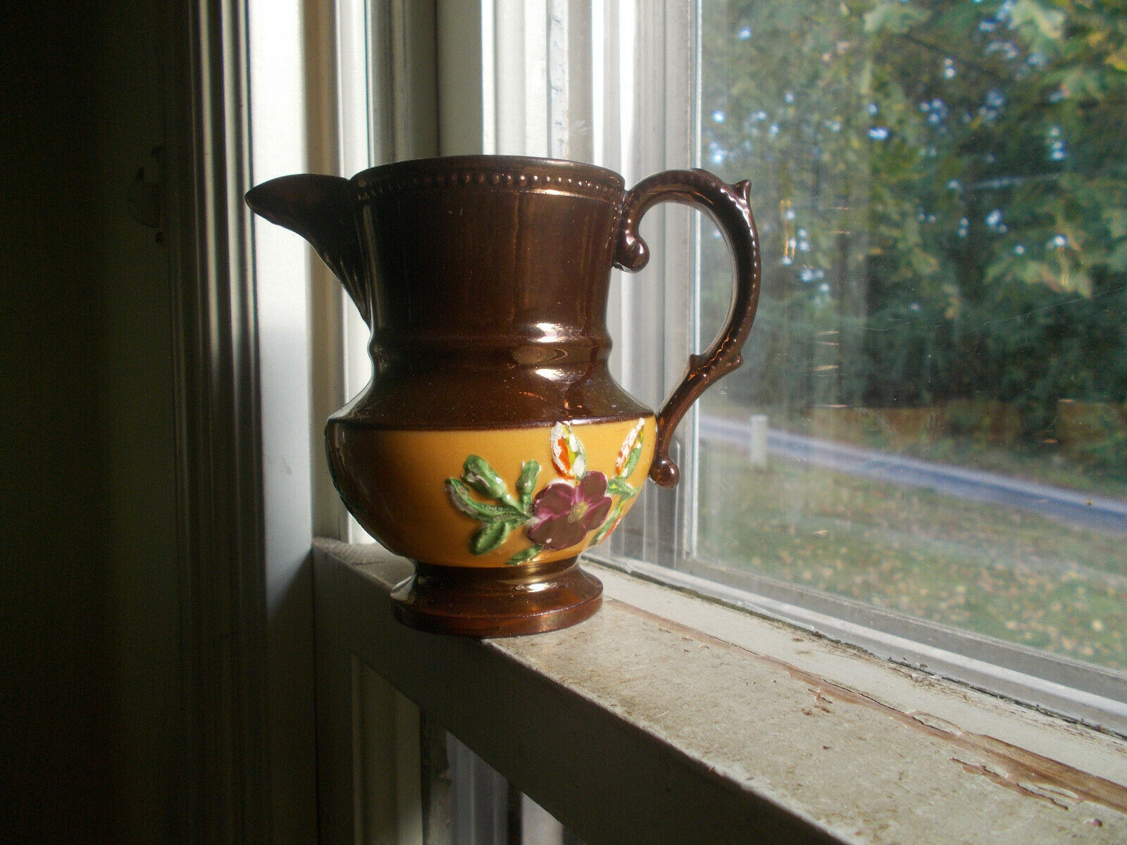 1840s Copper Luster Creamer Pitcher 4 1/8"tall Ornate Applied Handle Emb Flowers