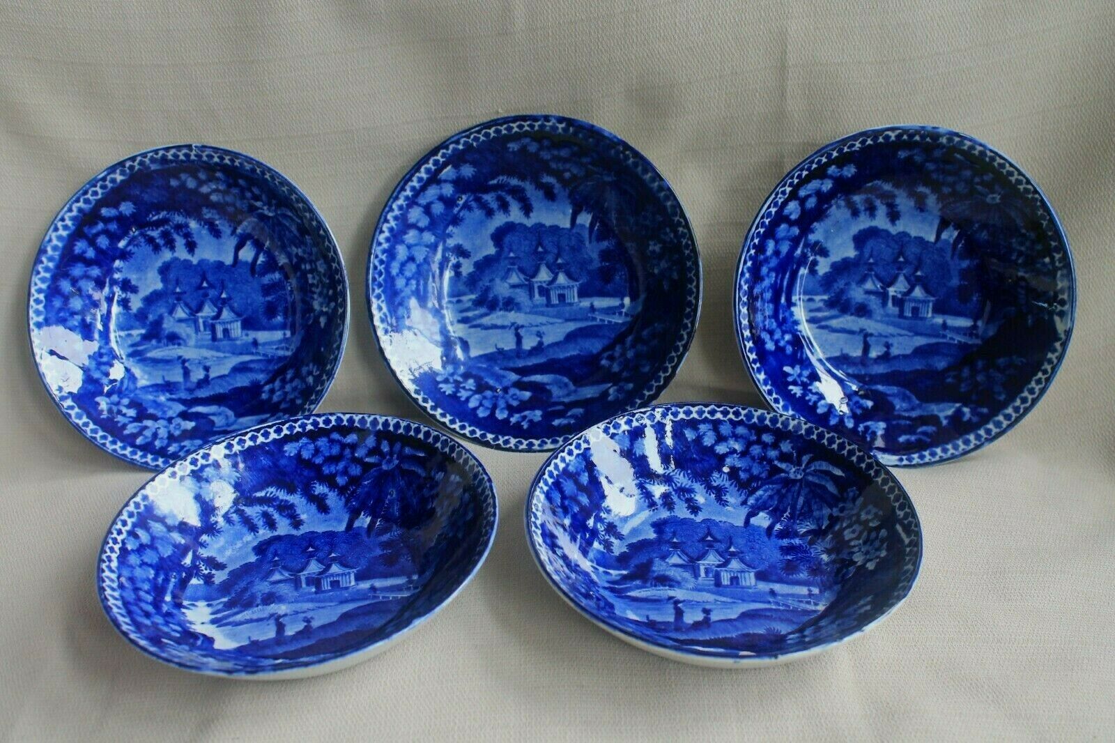 6" Antique Adams Warranted Staffordshire Blue Bowls Set Of 5