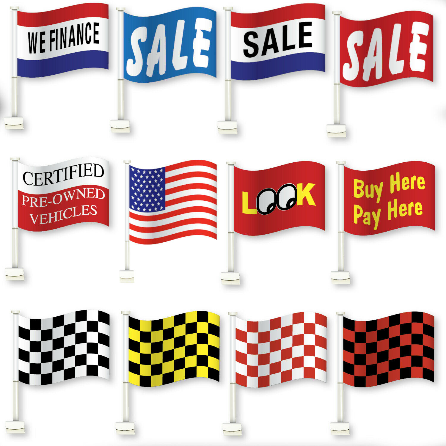 Car Dealer Window Flags You Pick From 12 Designs Flag Is 12" X 18" Clip On