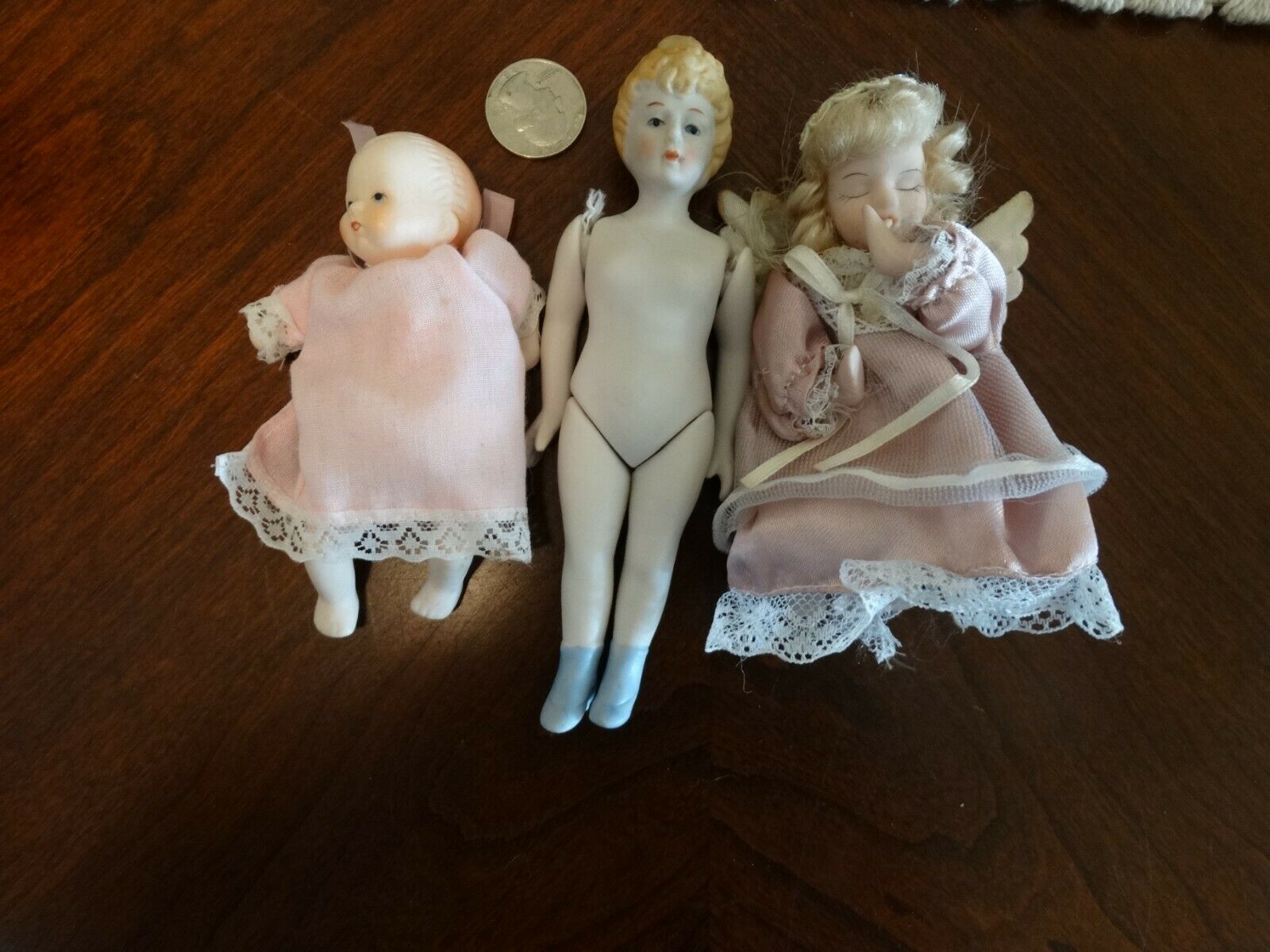 Lot Of 3 Vintage Bisque Porcelain Jointed Baby Dolls & Praying Angel Figuirnes