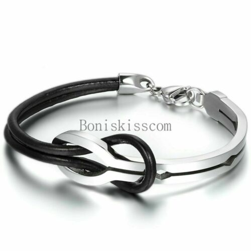 Men's Women's Stainless Steel Love Infinity Buckle Leather Bracelet Cuff Bangle
