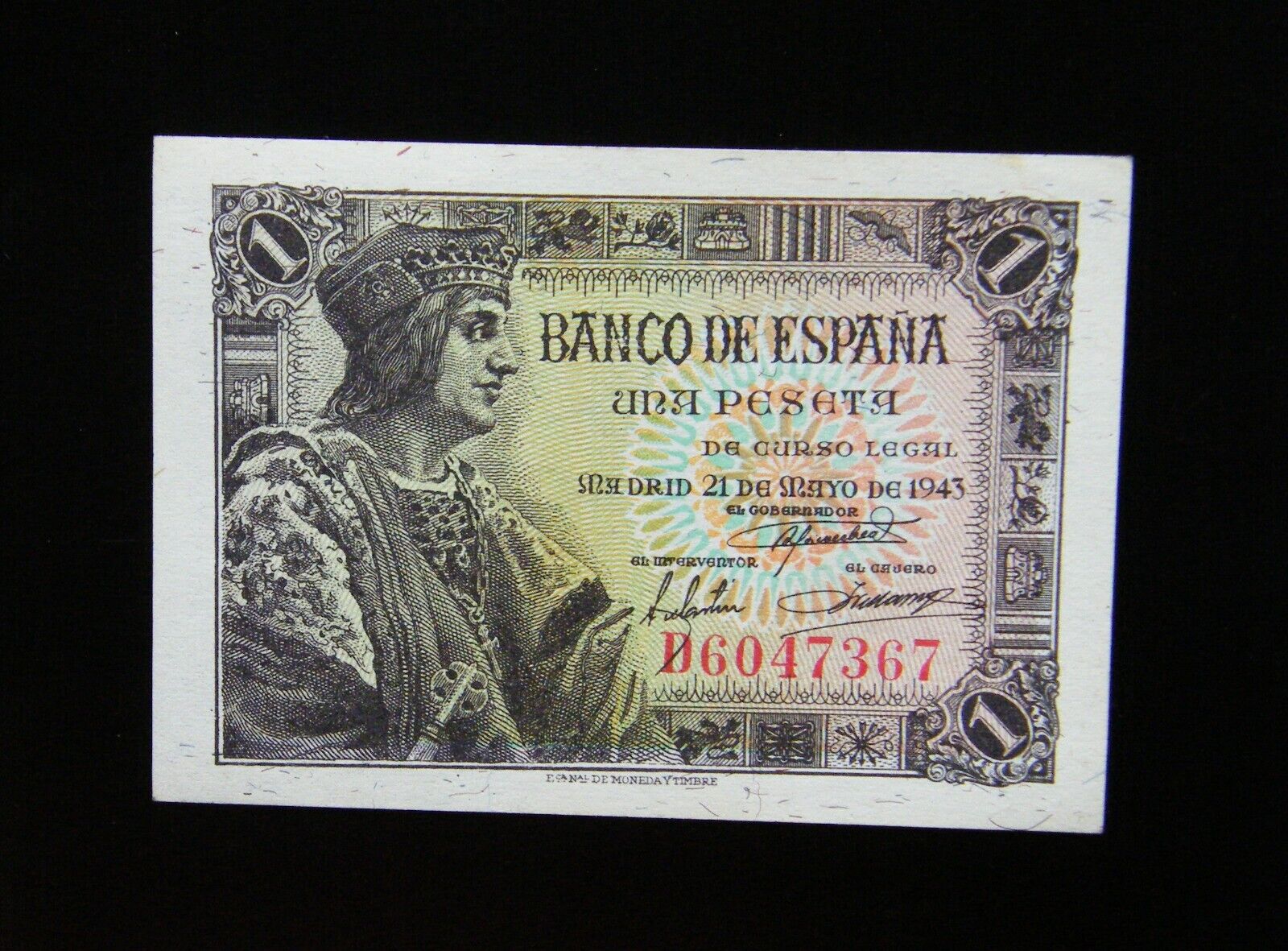 76 - Spain  Banknote 1 Peseta 1943  "fernando The Catholic"  Unc Gem